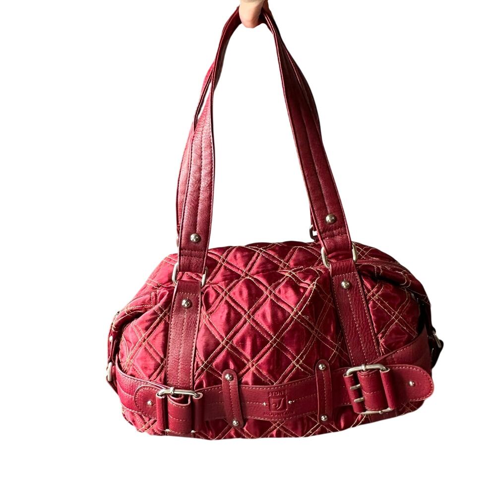 Vintage Y2K Red Maroon Satin Leather Stone Mountain Shoulder Bag Buckle